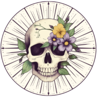 A radiant white sun and a skull decorated with yellow and purple flowers in the center.